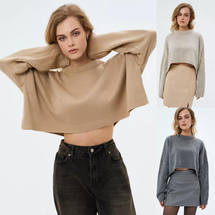 Damen Crop-Pullover im lässigen Oversized-Stil mit weiten Ärmeln und strukturiertem Design Drune