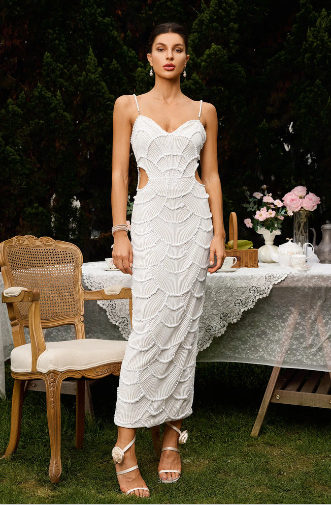 Damen Elegantes Midi-Kleid mit rückseitigen Cut-Outs und dekorativem Wellendesign Drune