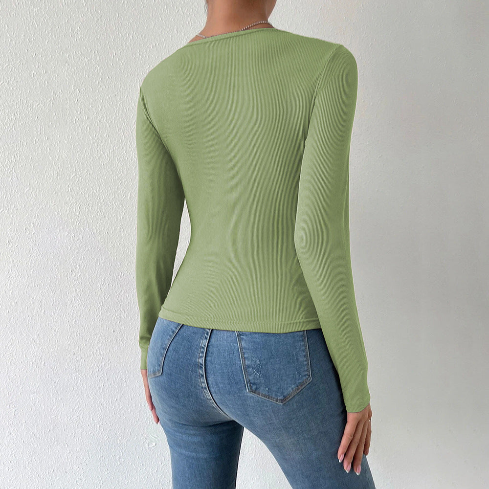 Damen Langarmshirt mit tiefem V-Ausschnitt und dekorativem Bindedetail Drune