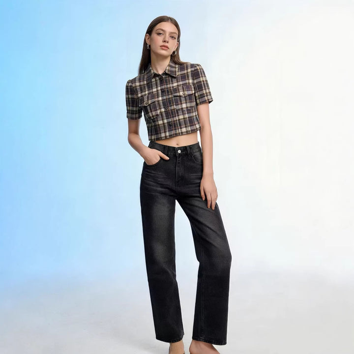 Damen nan hochgeschnittene Jeans mit schmaler Hüftpassform und weitem Schlag im Retro-Stil Drune