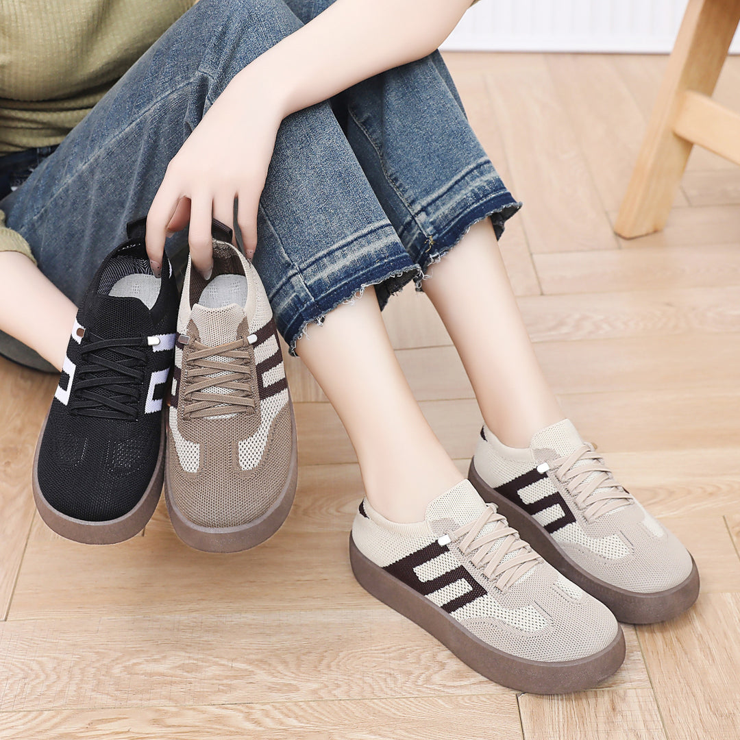 Damen nan gestrickter Slip-On Plateau-Sneaker mit elastischem Sockenschaft, dekorativer Zierstreifen und dämpfender EVA-Leichtsohle Drune