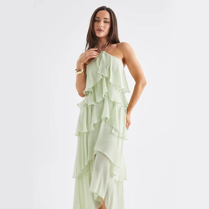Damen Luftiges Chiffon-Maxikleid mit Rüschendetails und elegantem Halterneck Drune