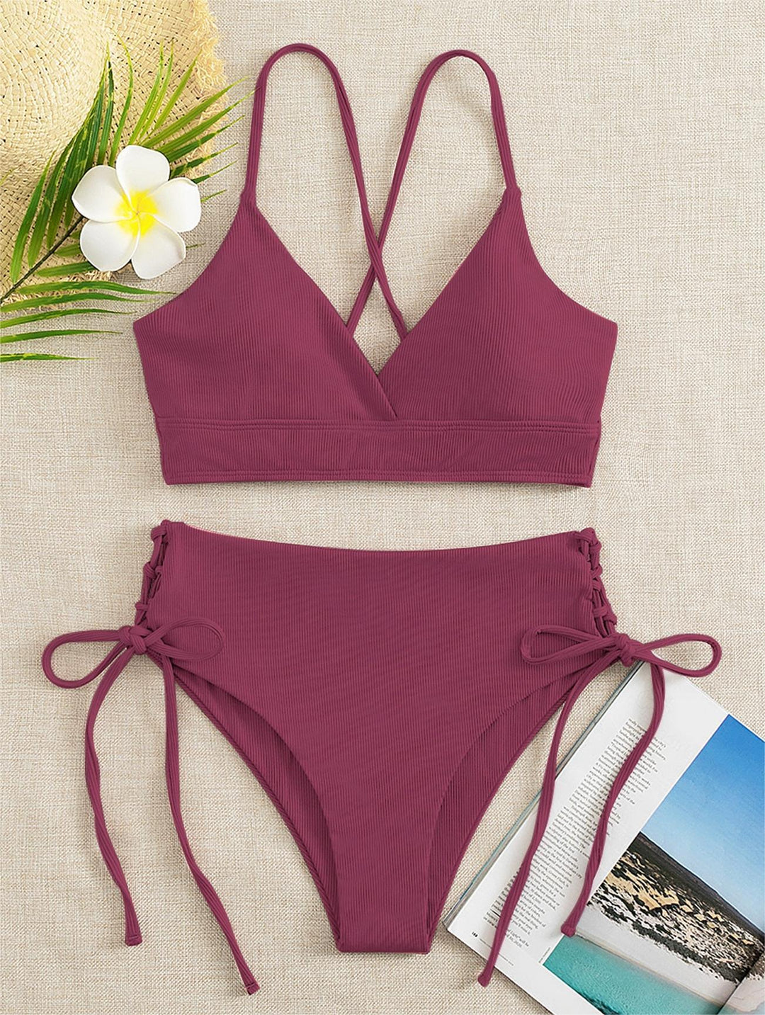 Damen Hochtaillierter Bikini mit verstellbaren Schnürdetails Drune