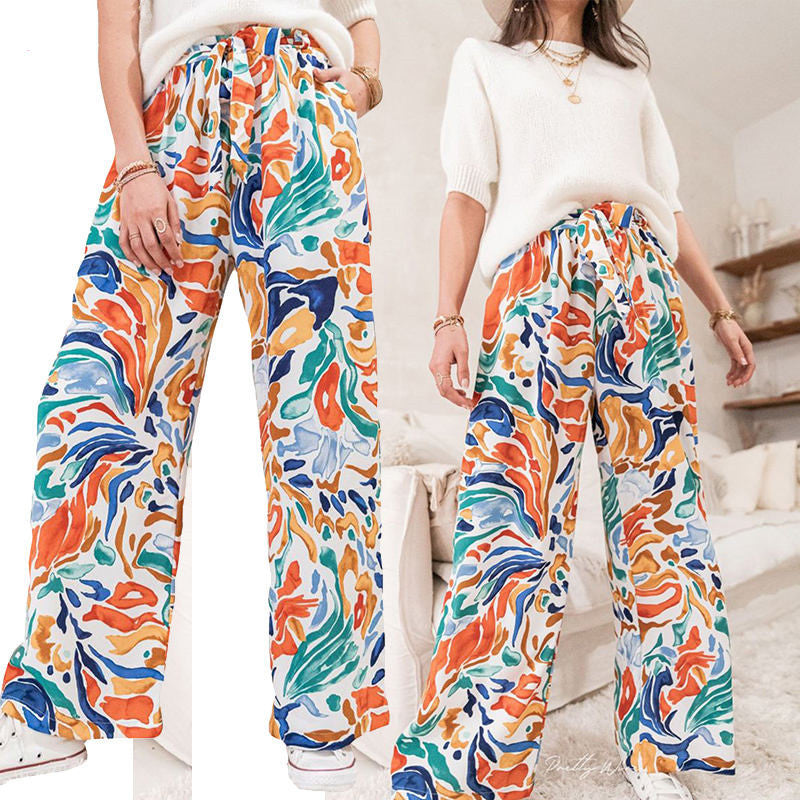Damen Weite Palazzohose mit buntem Muster und elastischem Bund Drune