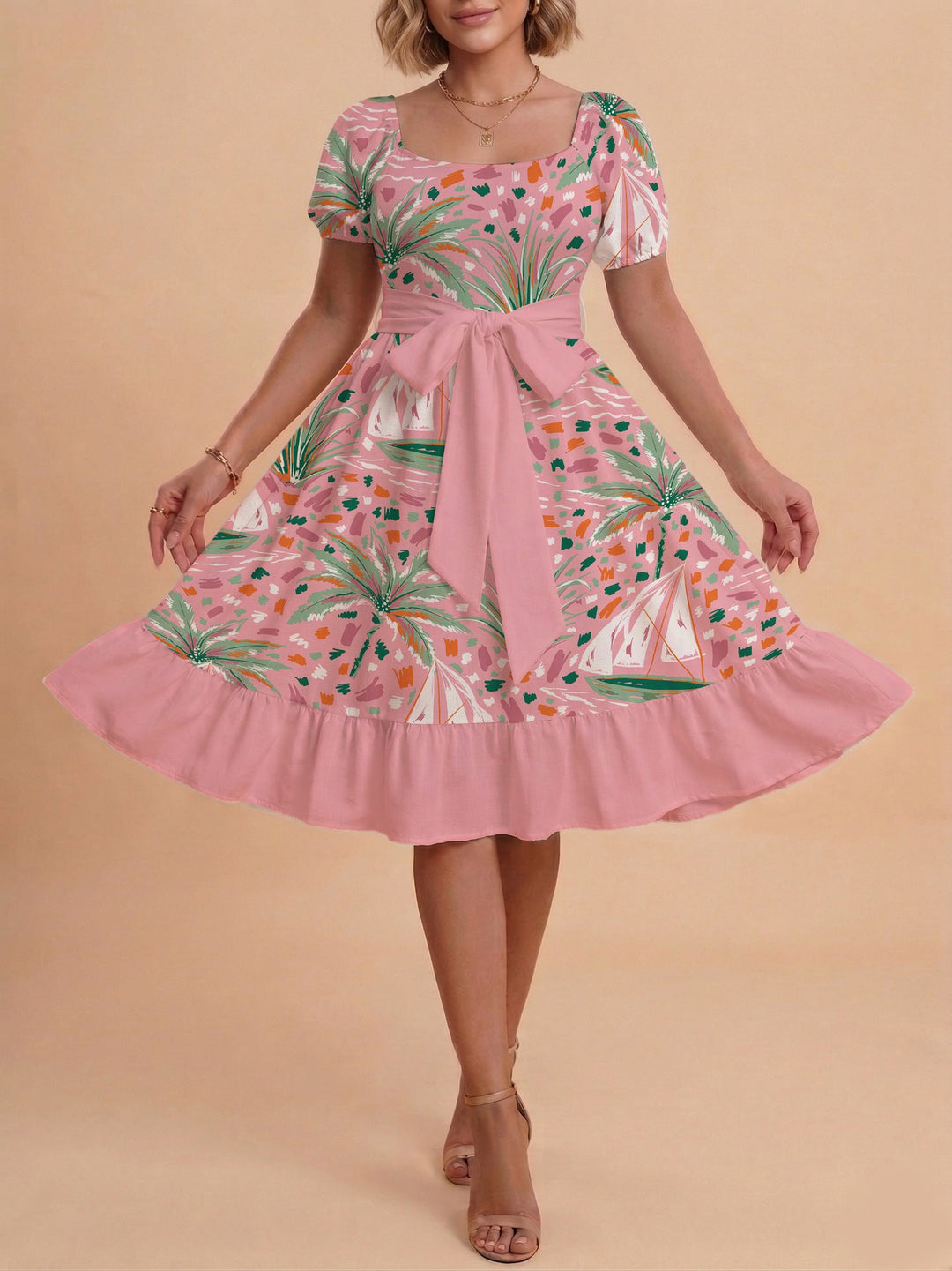 Damen Sommerliches Blumenkleid mit taillierbarem Gürtel und voluminösen Ärmeln Drune