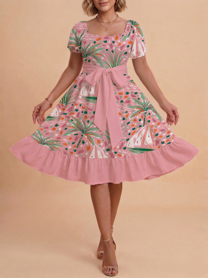 Damen Sommerliches Blumenkleid mit taillierbarem Gürtel und voluminösen Ärmeln Drune