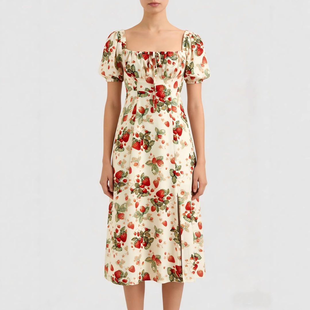 Damen Maxikleid mit pflanzlichem Muster und raffiniertem Schlitz Drune