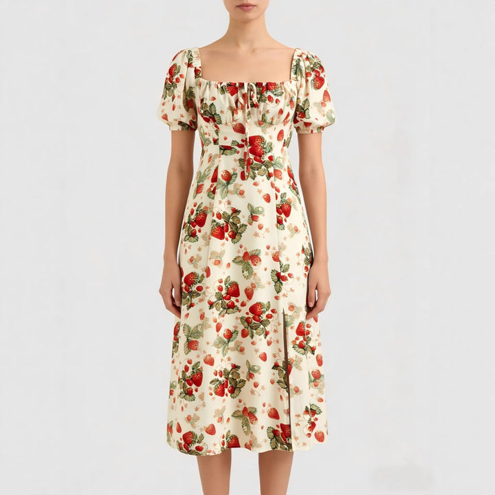 Damen Maxikleid mit pflanzlichem Muster und raffiniertem Schlitz Drune