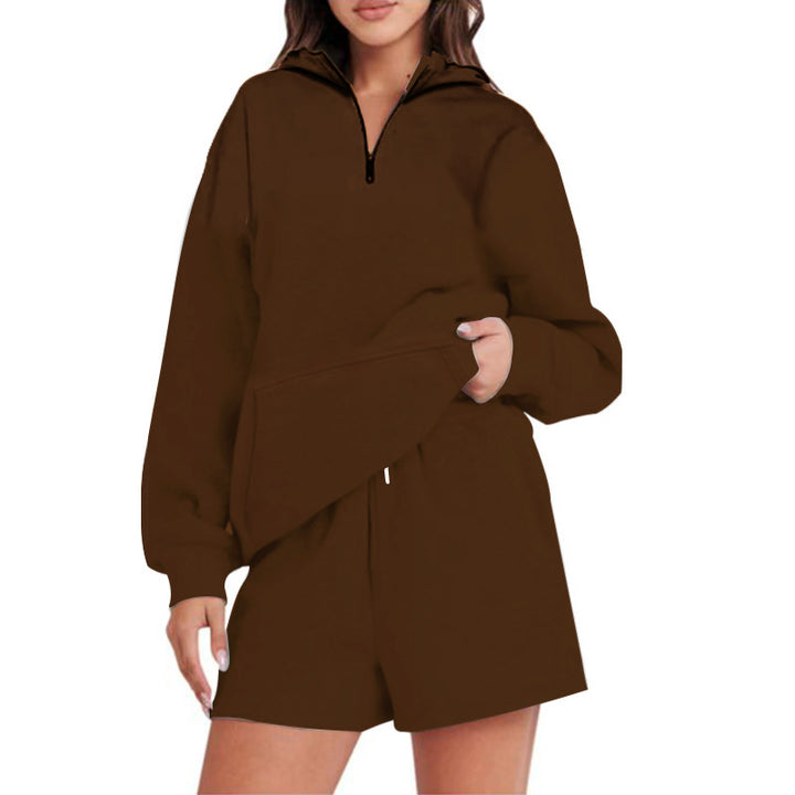 Damen Lässiger Kapuzenpullover mit kurzem Reißverschluss und praktischen Taschen Drune