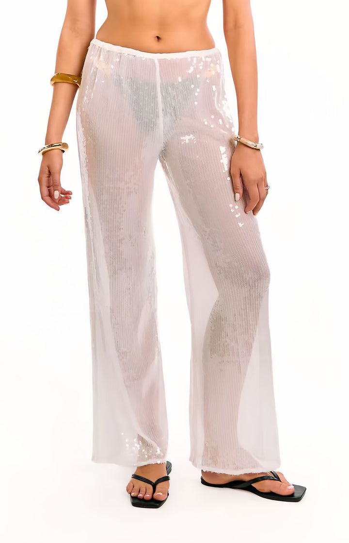 Damen Elegante Pailletten-Hose mit transparentem Chiffon und weitem Schnitt Drune
