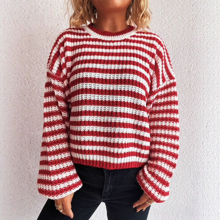 Damen lässiger Strickpullover mit breiten Streifen Drune