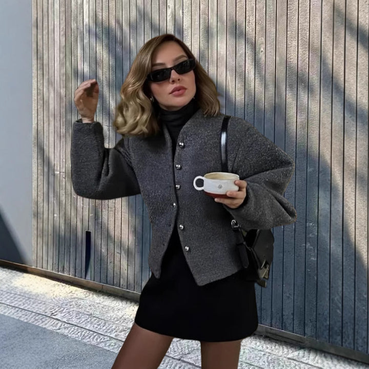 Damen elegante Kurzjacke mit stilvollen Knöpfen und voluminösen Ärmeln Drune