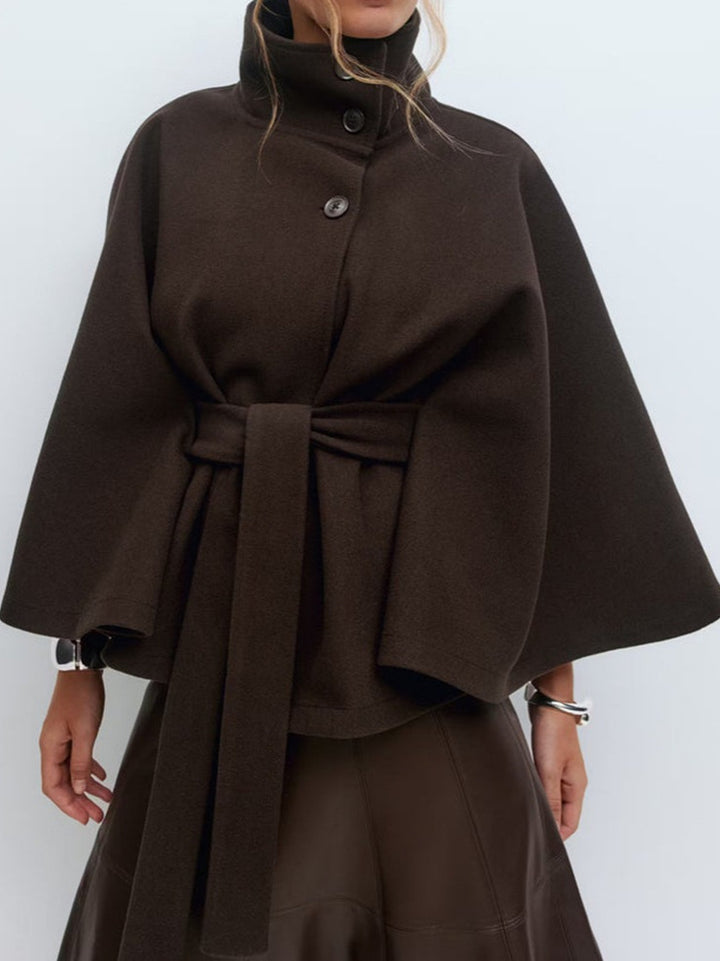 Damen stylische Umhangjacke mit hohem Kragen und Gürtel Drune