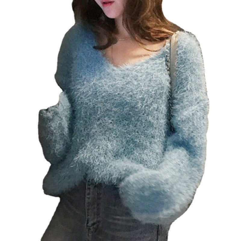 Damen kuscheliger V-Ausschnitt Pullover mit weich flauschiger Textur Drune