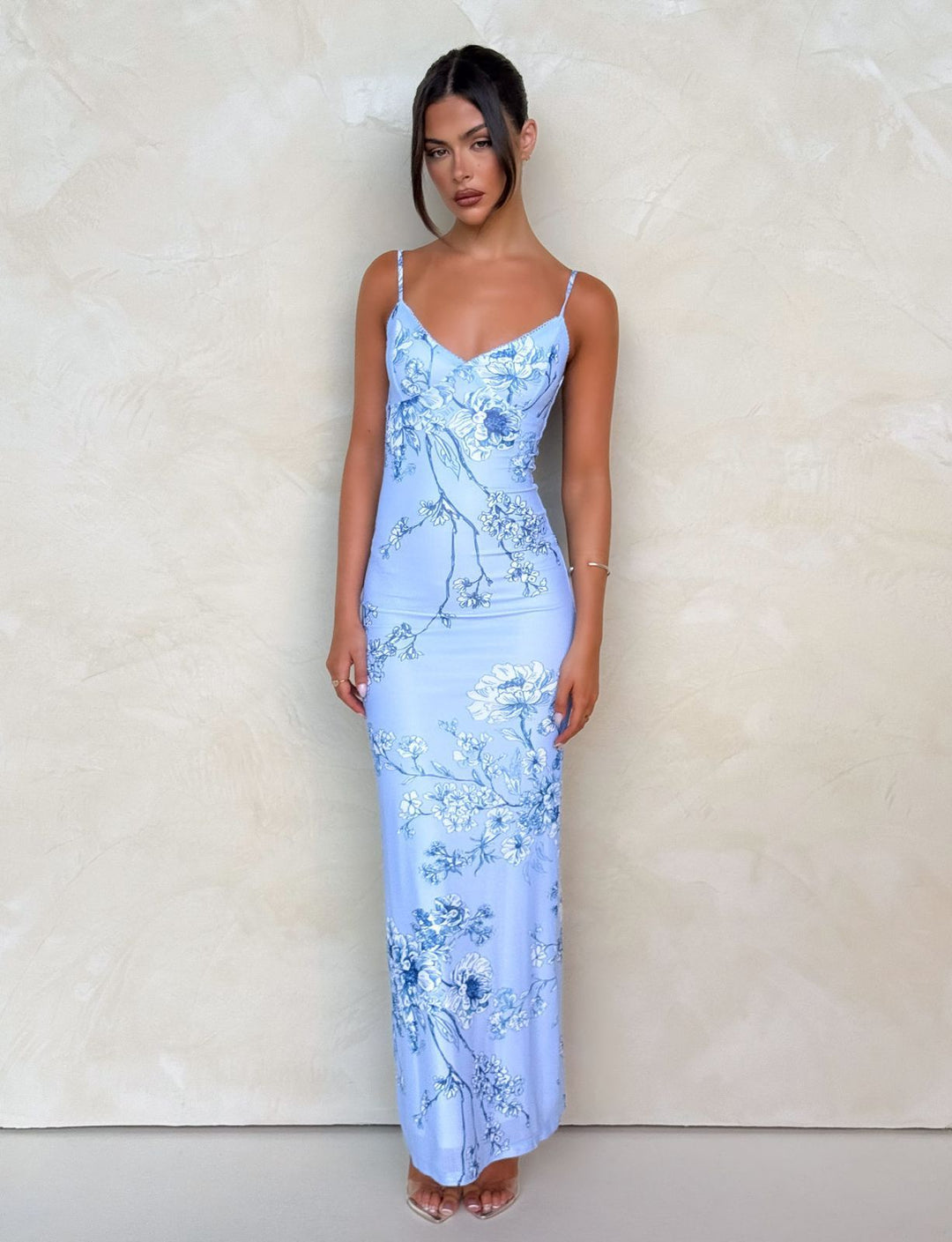 Damen nan eng anliegendes Jersey-Slipkleid mit V-Ausschnitt, Spaghettiträgern und Blumen-Leo-Print Drune