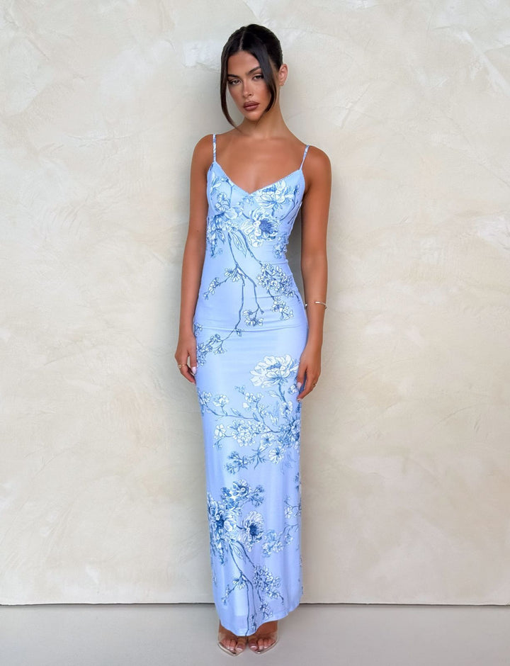 Damen nan eng anliegendes Jersey-Slipkleid mit V-Ausschnitt, Spaghettiträgern und Blumen-Leo-Print Drune