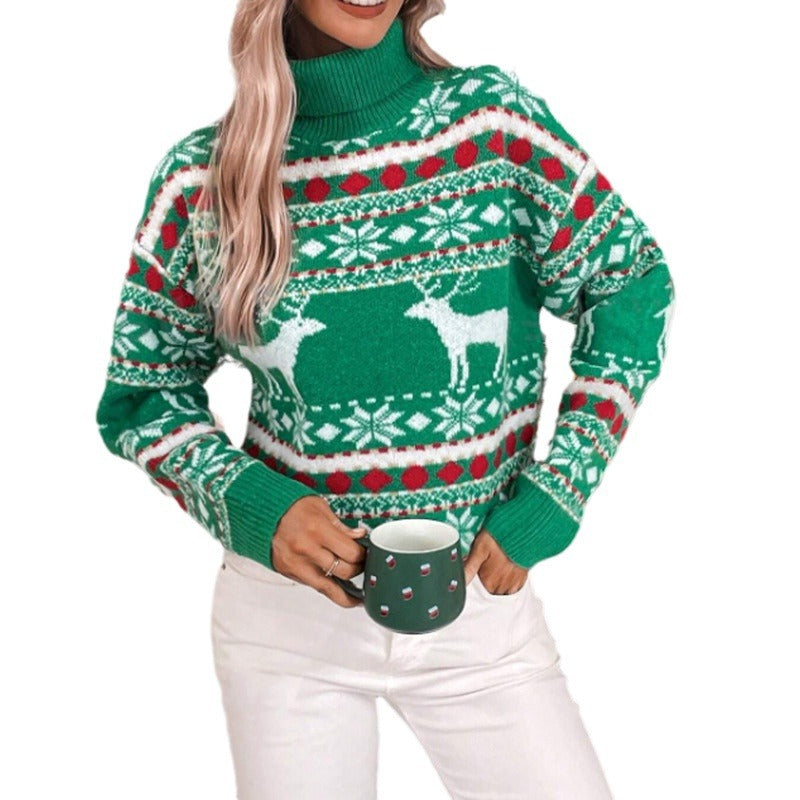 Damen Weihnachtspullover mit hohem Kragen und festlichem Rentier-Motiv Drune
