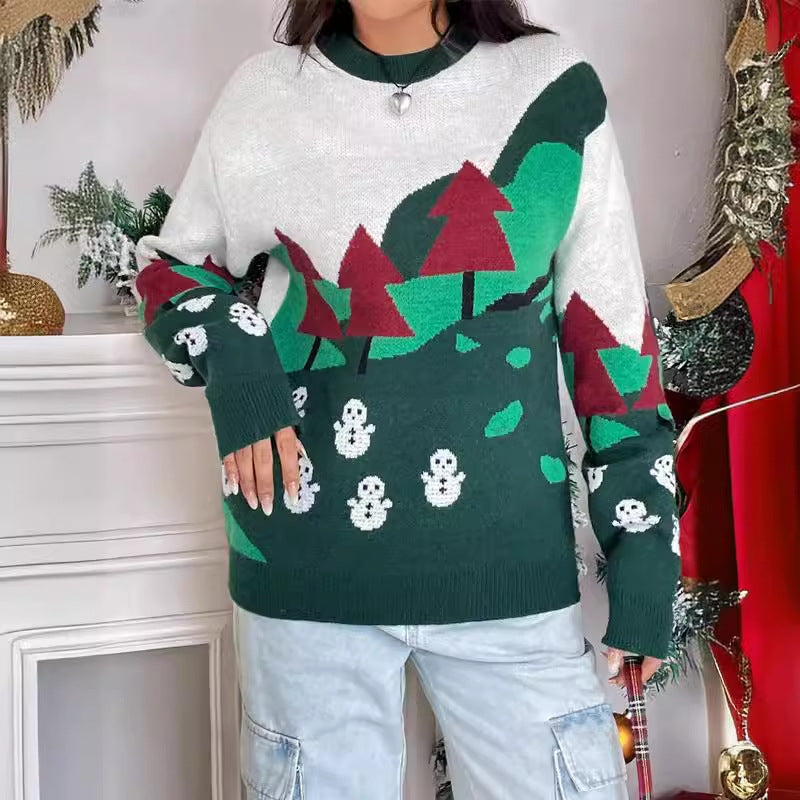 Damen Weihnachtspullover mit festlichem Schneemotiv und hohem Kragen Drune