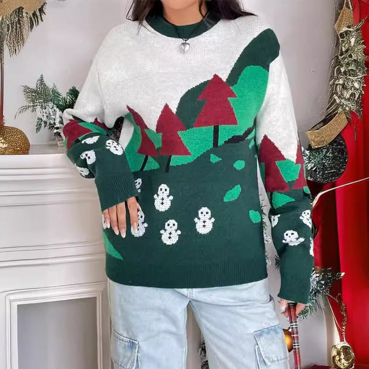 Damen Weihnachtspullover mit festlichem Schneemotiv und hohem Kragen Drune