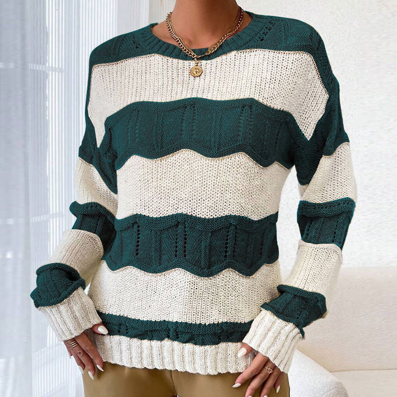 Damen lässiger Strickpullover mit Wellenstruktur und langen Ärmeln Drune