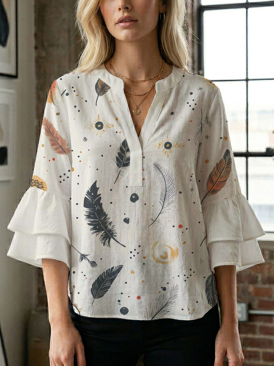 Damen Blusenshirt mit voluminösen Ärmeln und kreativem Druckdesign Drune