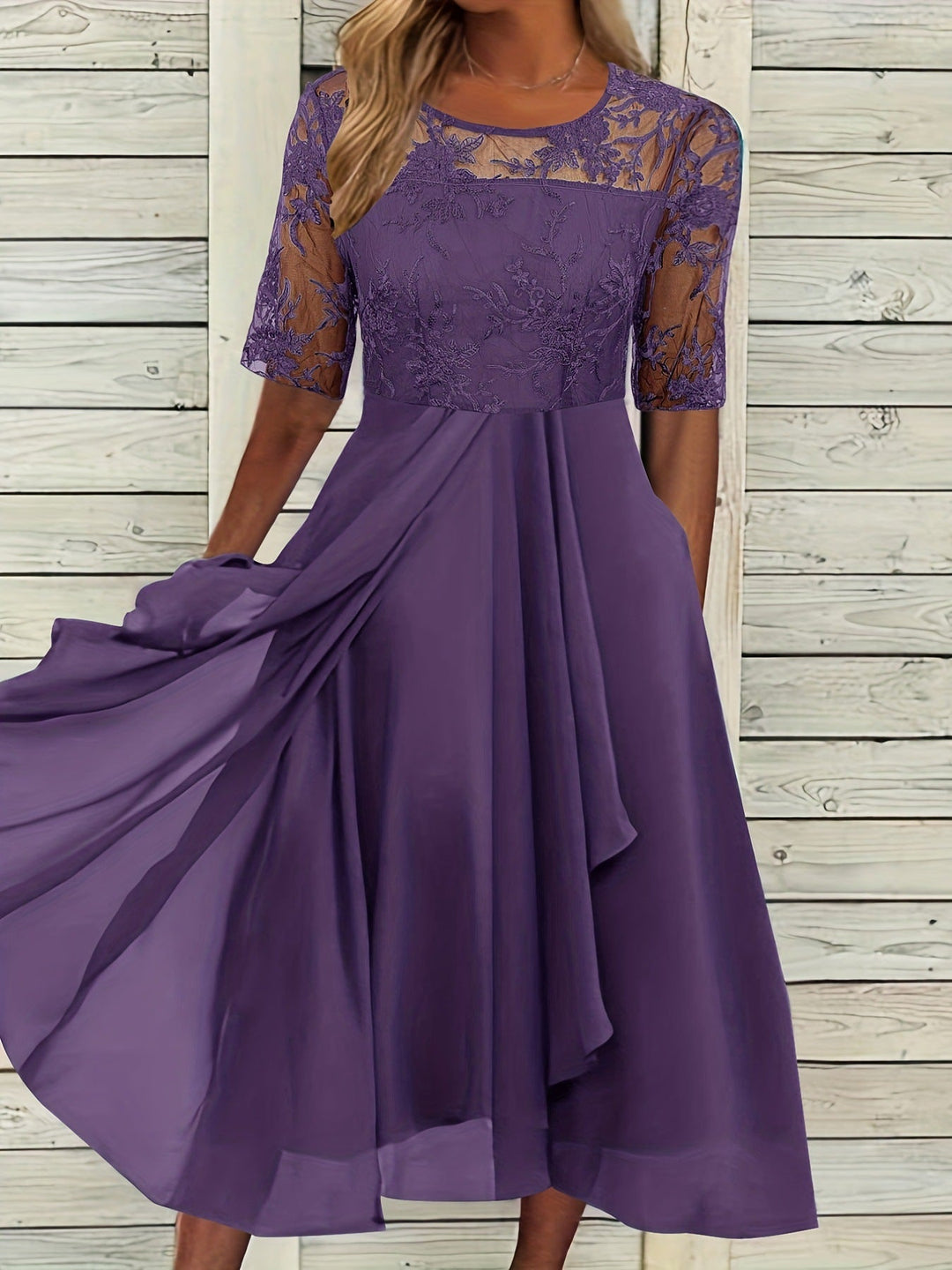 Damen Elegantes Midikleid mit Spitzenärmeln und schwingendem Rock Drune
