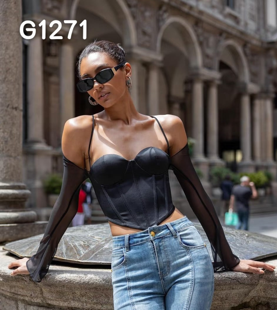Damen Elegante Corsage-Bluse mit transparenten Ärmeln Drune