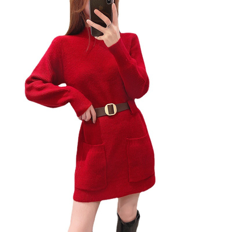 Damen Strickkleid mit hochgeschlossenem Kragen und praktischen Taschen Drune