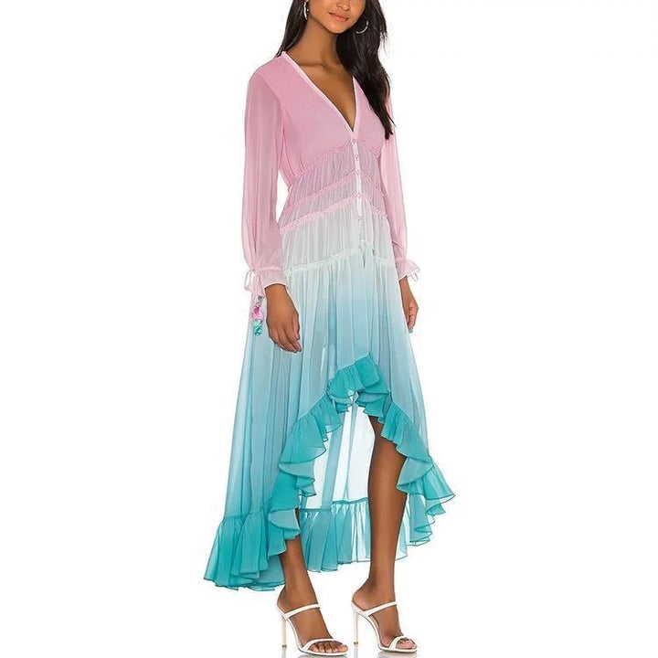 Damen Boho Maxikleid mit voluminösem Rock und Rüschen Drune