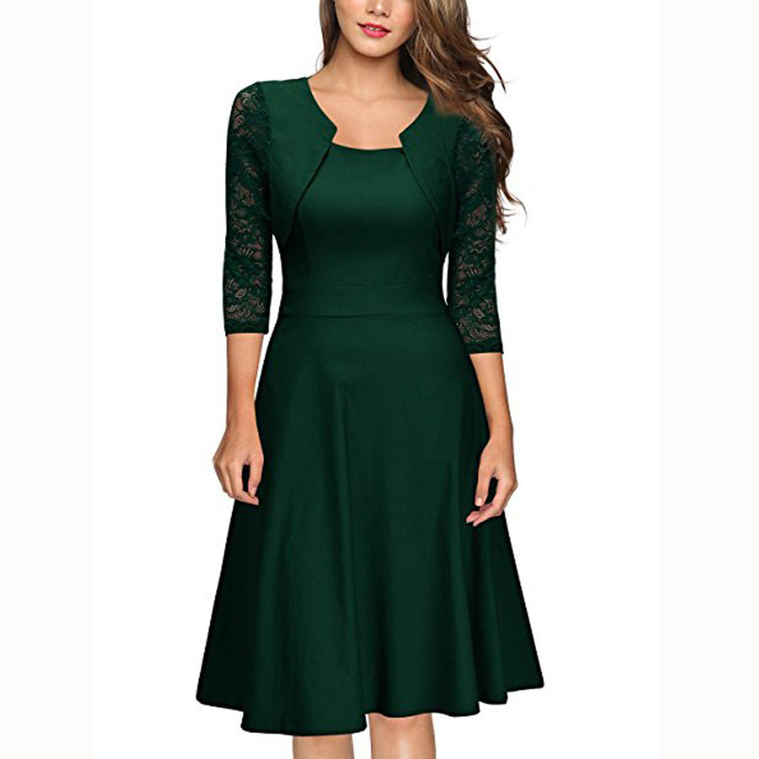 Damen Midi-Kleid mit Spitzenärmeln und schwingendem Rock Drune