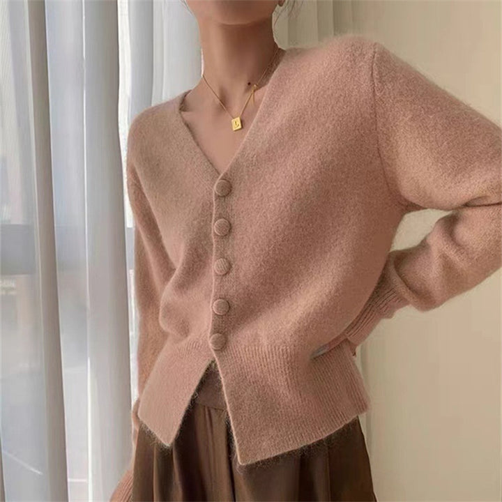 Damen kuscheliger Strickcardigan mit V-Ausschnitt und Knopfdetails Drune