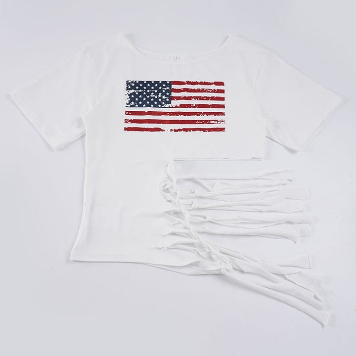 Damen Crop-Top mit Flaggenmotiv und raffinierten Fransen Drune