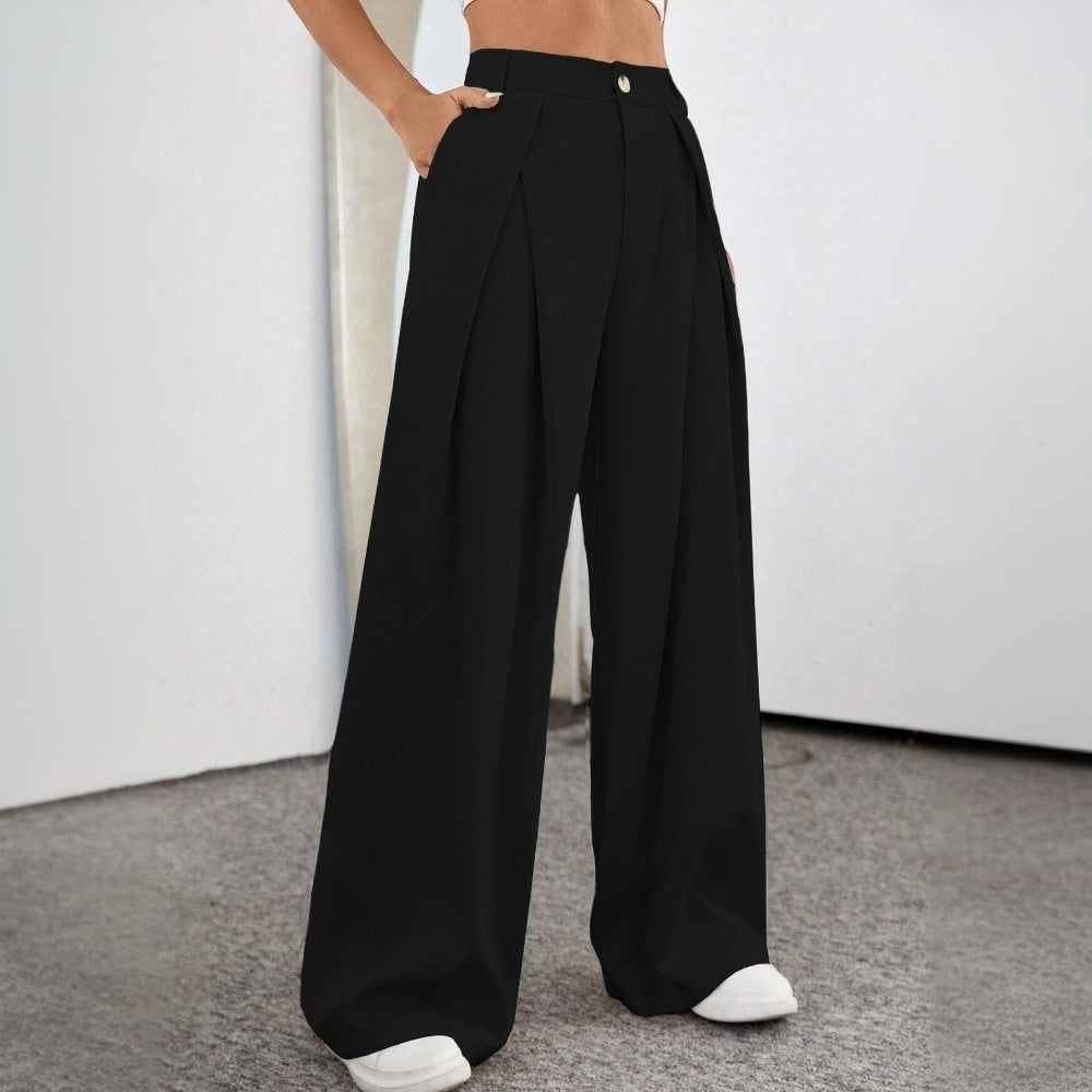 Damen großzügige High-Waist Palazzo-Hose mit eleganten Falten und sichtbarem Knopf Drune