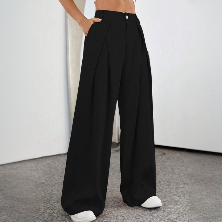 Damen großzügige High-Waist Palazzo-Hose mit eleganten Falten und sichtbarem Knopf Drune