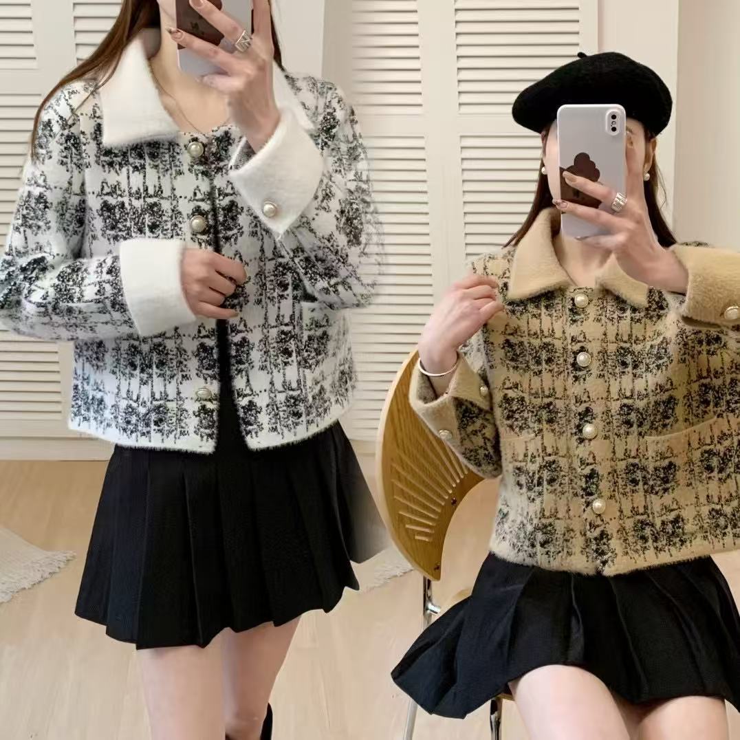 Damen Stylische Strickjacke mit Perlenknöpfen und kragen Drune