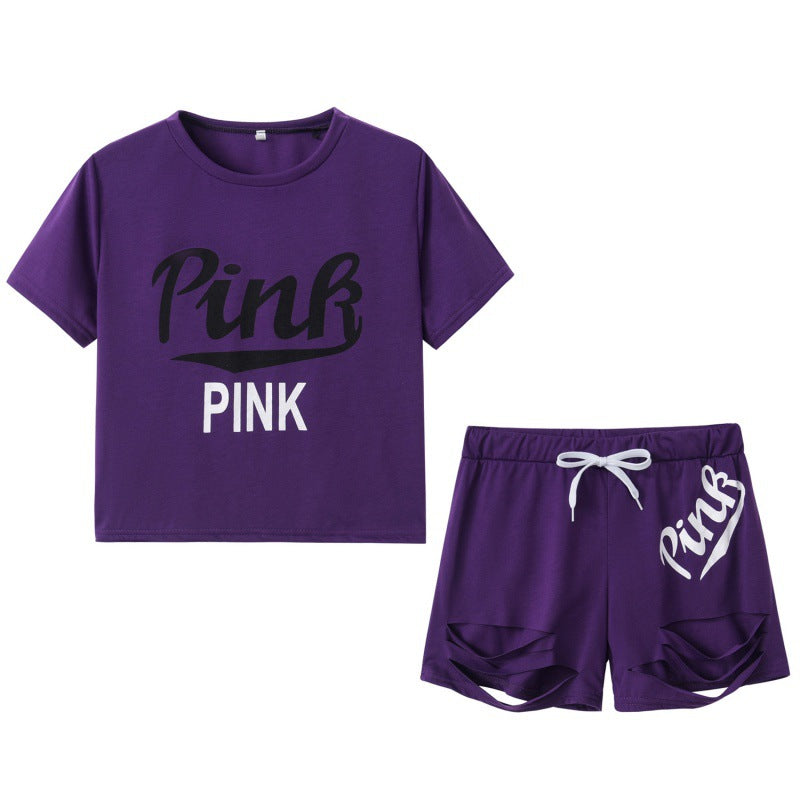Damen Sportliches T-Shirt und Shorts-Set mit weitem Schnitt und kontrastierenden Aufdrucken Drune
