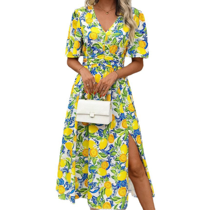 Damen Maxikleid mit fruchtigem Muster und eleganter Taillierung Drune