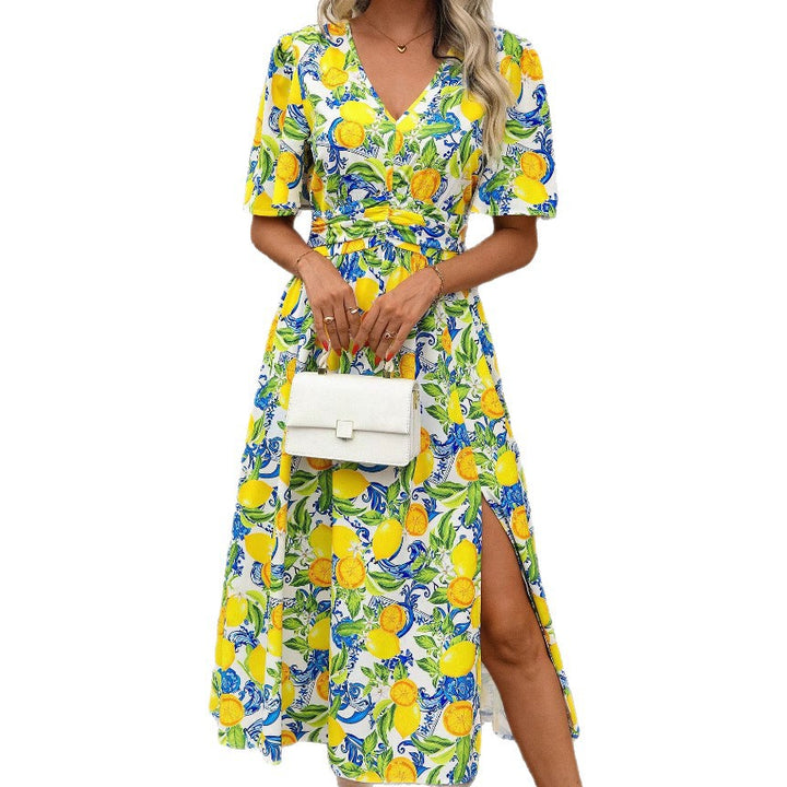 Damen Maxikleid mit fruchtigem Muster und eleganter Taillierung Drune