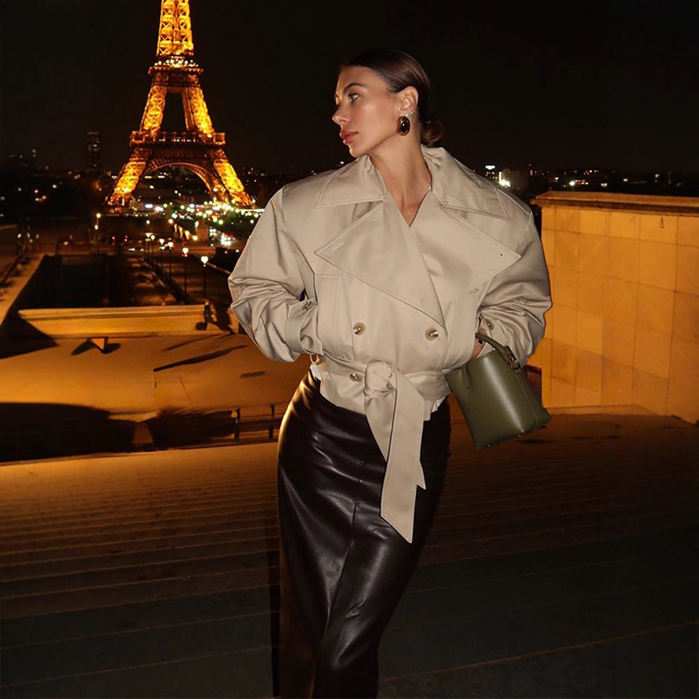 Damen Cropped Trenchcoat mit breitem Revers und Taillengürtel Drune