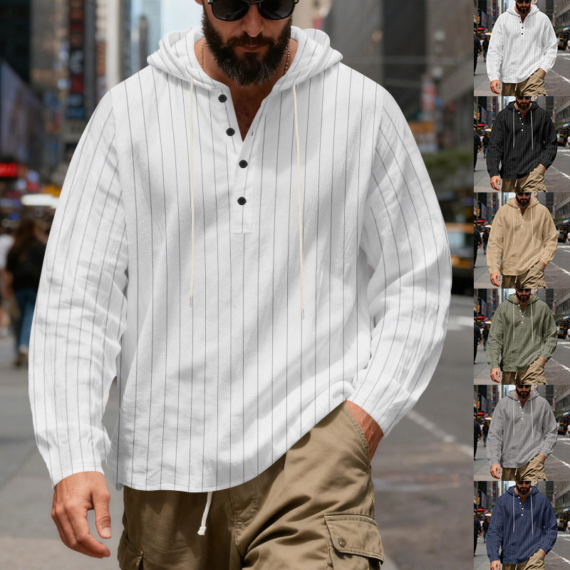 Herren nan gestreiftes Henley-Kapuzenhemd mit Langarm, lockerem Schnitt und Kordelzug Drune