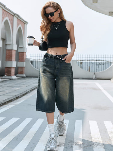 Damen Weite Denim-Culotte mit modischer Nackenbindung Drune