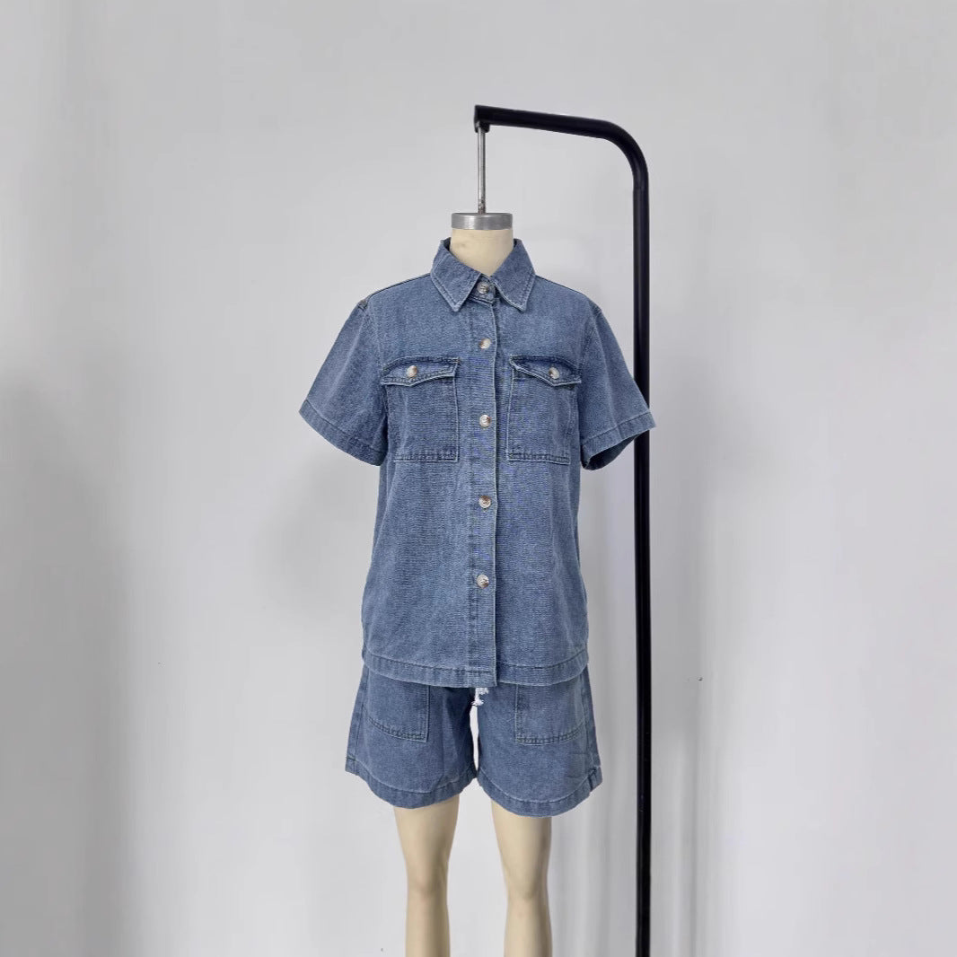 Damen Denim-Hemd und Shorts-Set im modischen Stil Drune