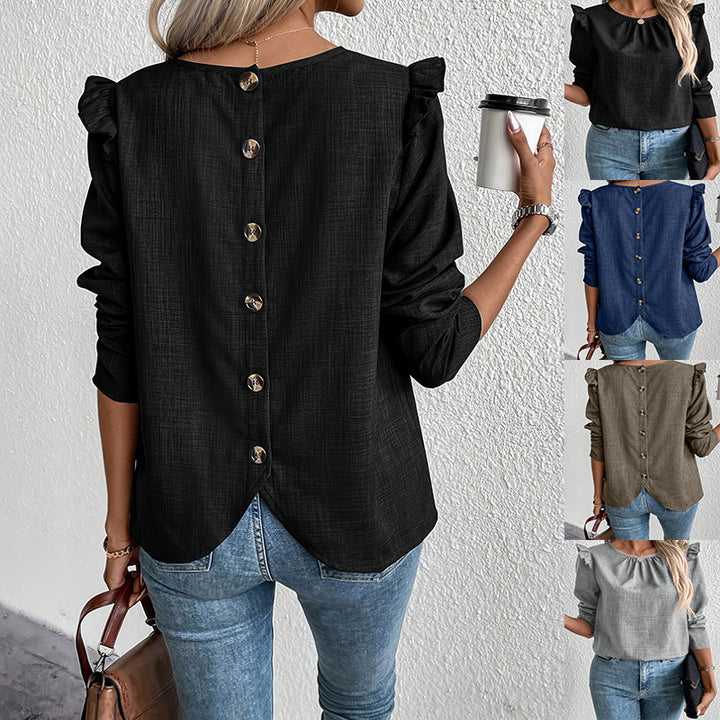 Damen Bluse mit Rüschenärmeln und dekorativen Knöpfen Drune