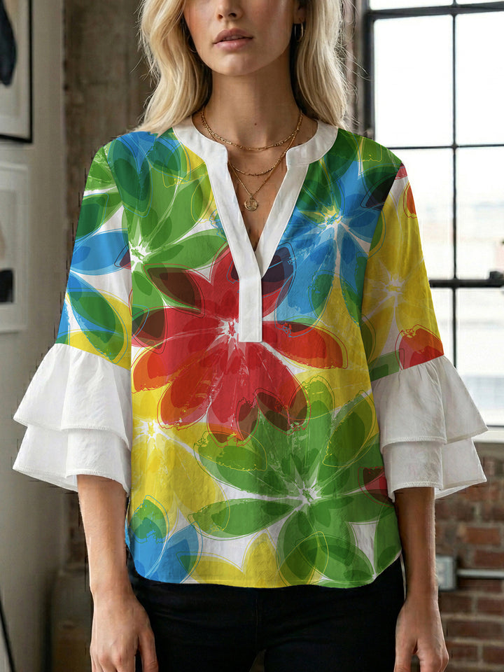 Damen Bluse mit voluminösen Rüschenärmeln und floralem Muster Drune