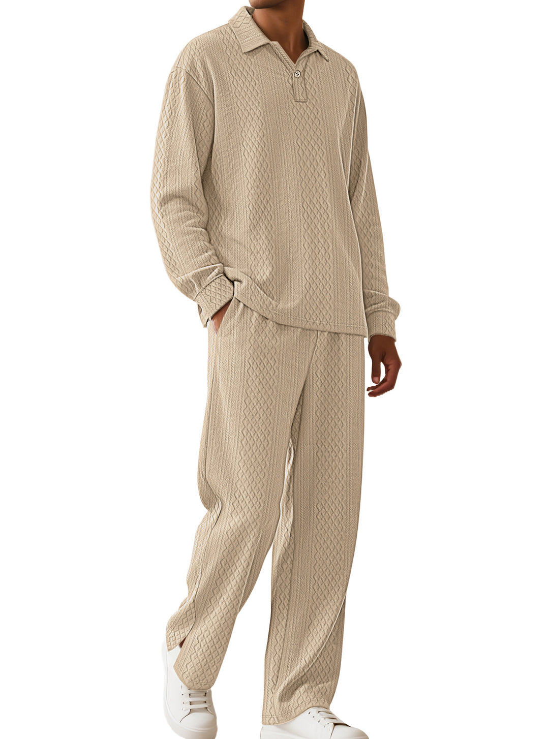 Herren nan Jacquard-Strickset mit Polokragen, legerer Passform und gerader Hose Drune