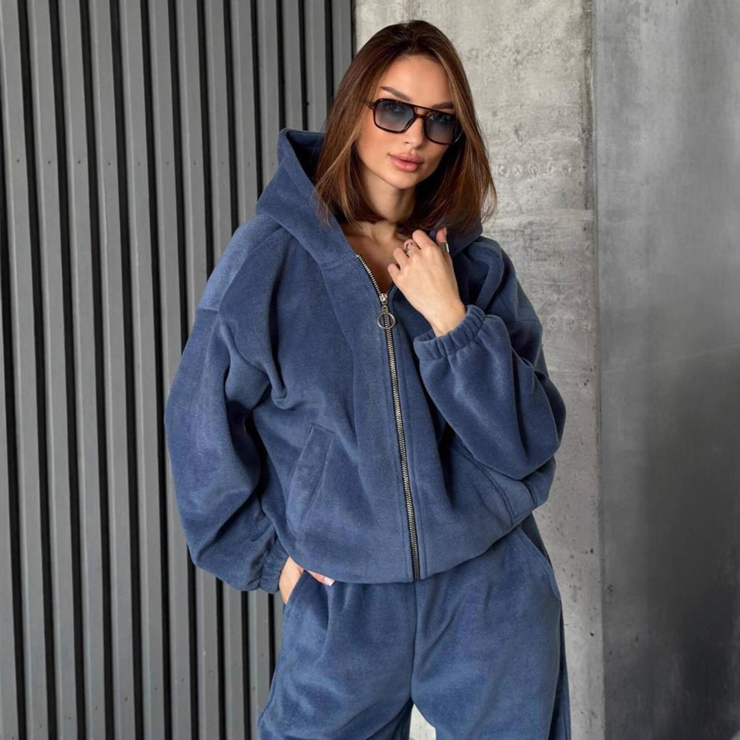 Damen Bequemer Velours-Jogginganzug mit Kapuze und Reißverschluss Drune