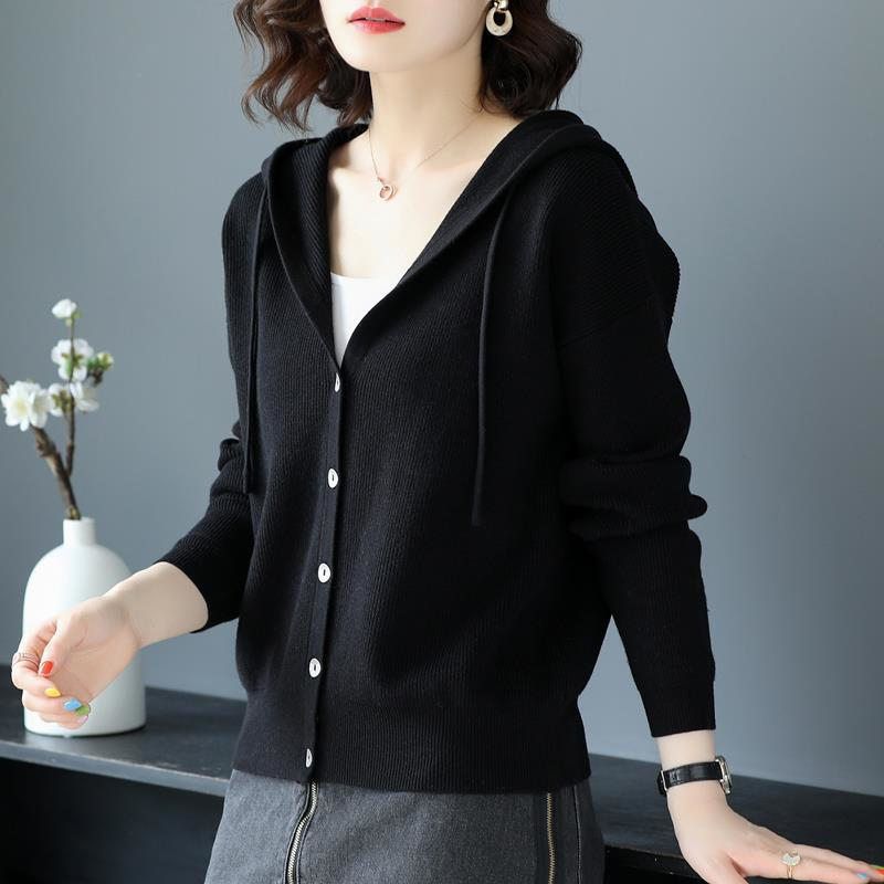 Damen lässige Strickjacke mit Kapuze und Knopfverschluss Drune