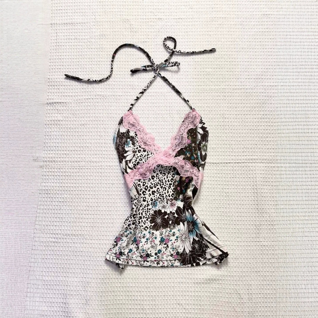 Damen Verspieltes Haltertop mit floralem und Leopardenmuster Drune