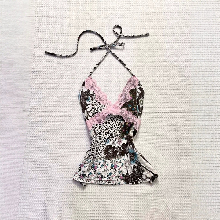 Damen Verspieltes Haltertop mit floralem und Leopardenmuster Drune