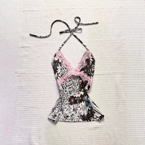 Damen Verspieltes Haltertop mit floralem und Leopardenmuster Drune
